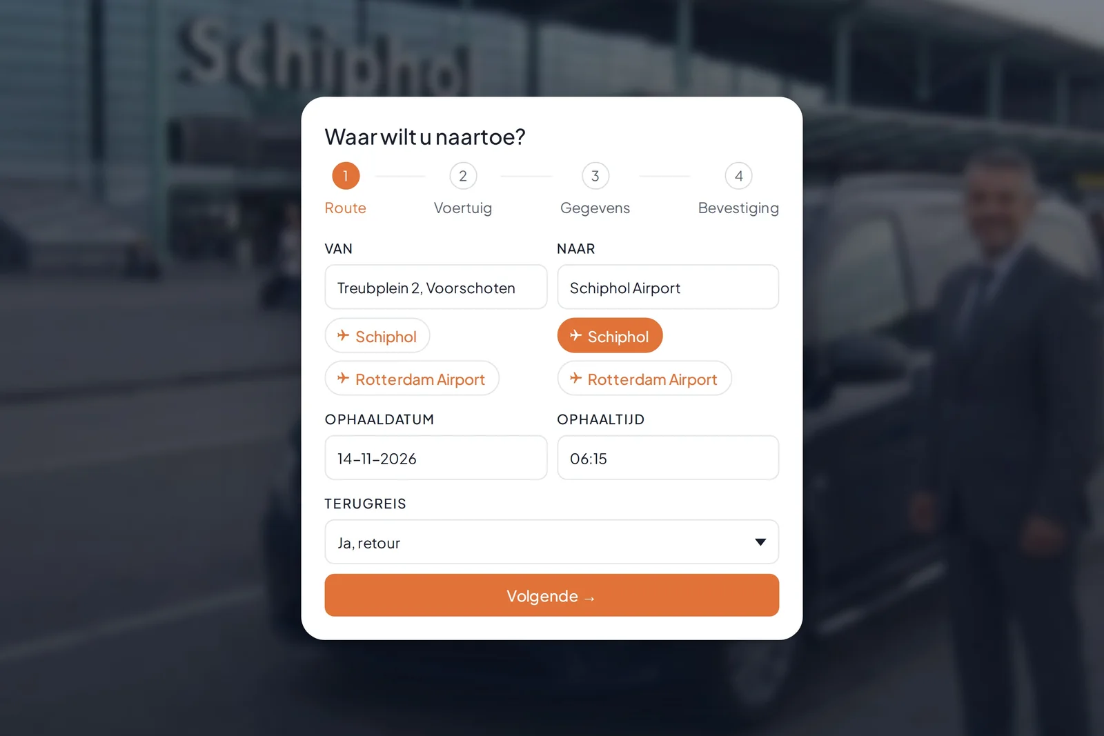 Reserveringstool van Taxi Avance: route, voertuig, gegevens en bevestiging