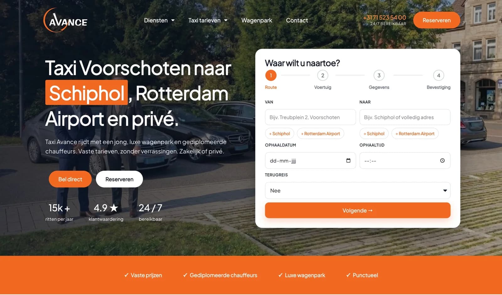 Homepage van Taxi Avance met de reserveringstool, op desktop