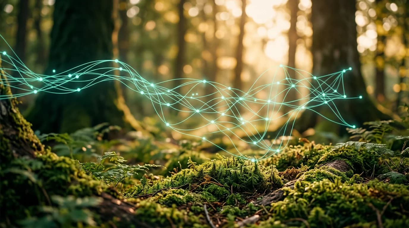 Lichtgevend netwerk van teal knooppunten boven bosmos — AI-zoekmachines die content lezen.