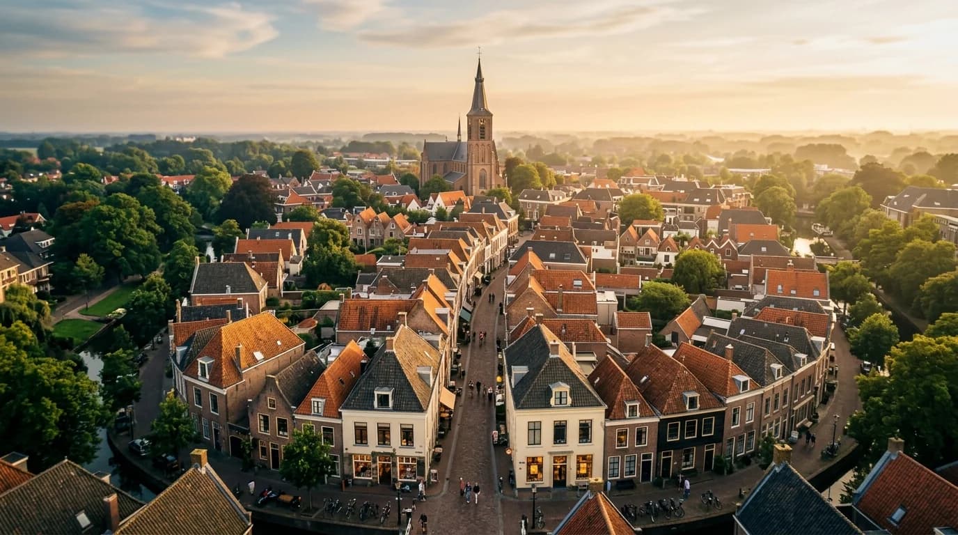 Luchtfoto van een Brabants stadscentrum bij zonsondergang — lokale SEO in context.