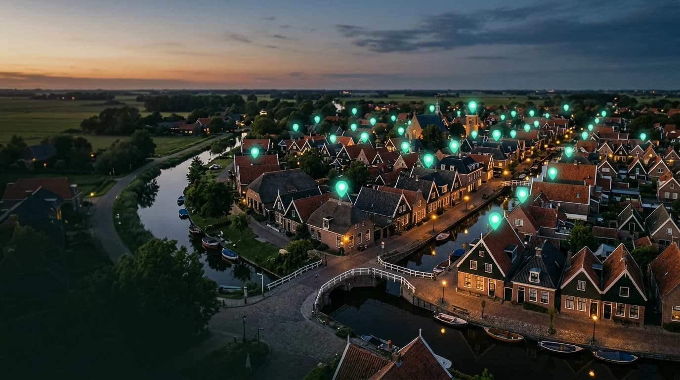 Nederlands dorp in de schemering met teal lichtpins op daken — Google Bedrijfsprofiel en lokale aanwezigheid.