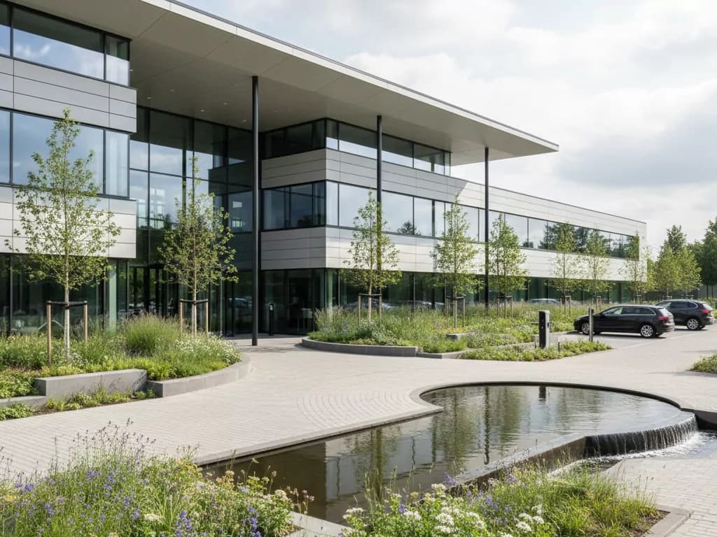 Logistiek bedrijventerrein bij gouden uur. Rosmalen's Brabantpoort en de nieuwbouw van De Groote Wielen.