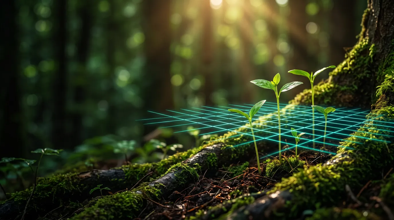 Groene scheuten groeien door een raster van lichtgevende lijnen, symbool voor zichtbaarheid in AI-gesprekken.