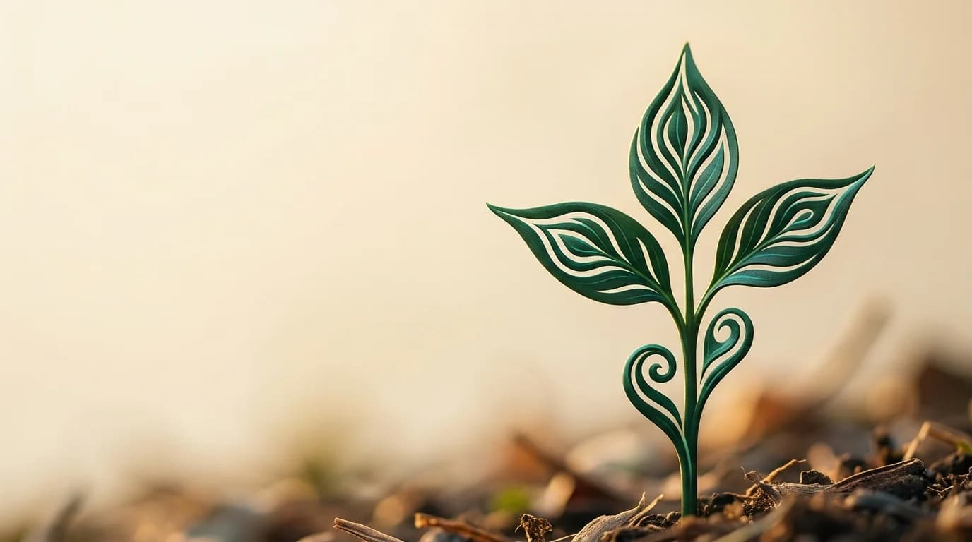 Gestileerde plant met golvende bladeren groeit uit aarde, symbool voor bloeiende merkidentiteit en DNA-ontwerp.