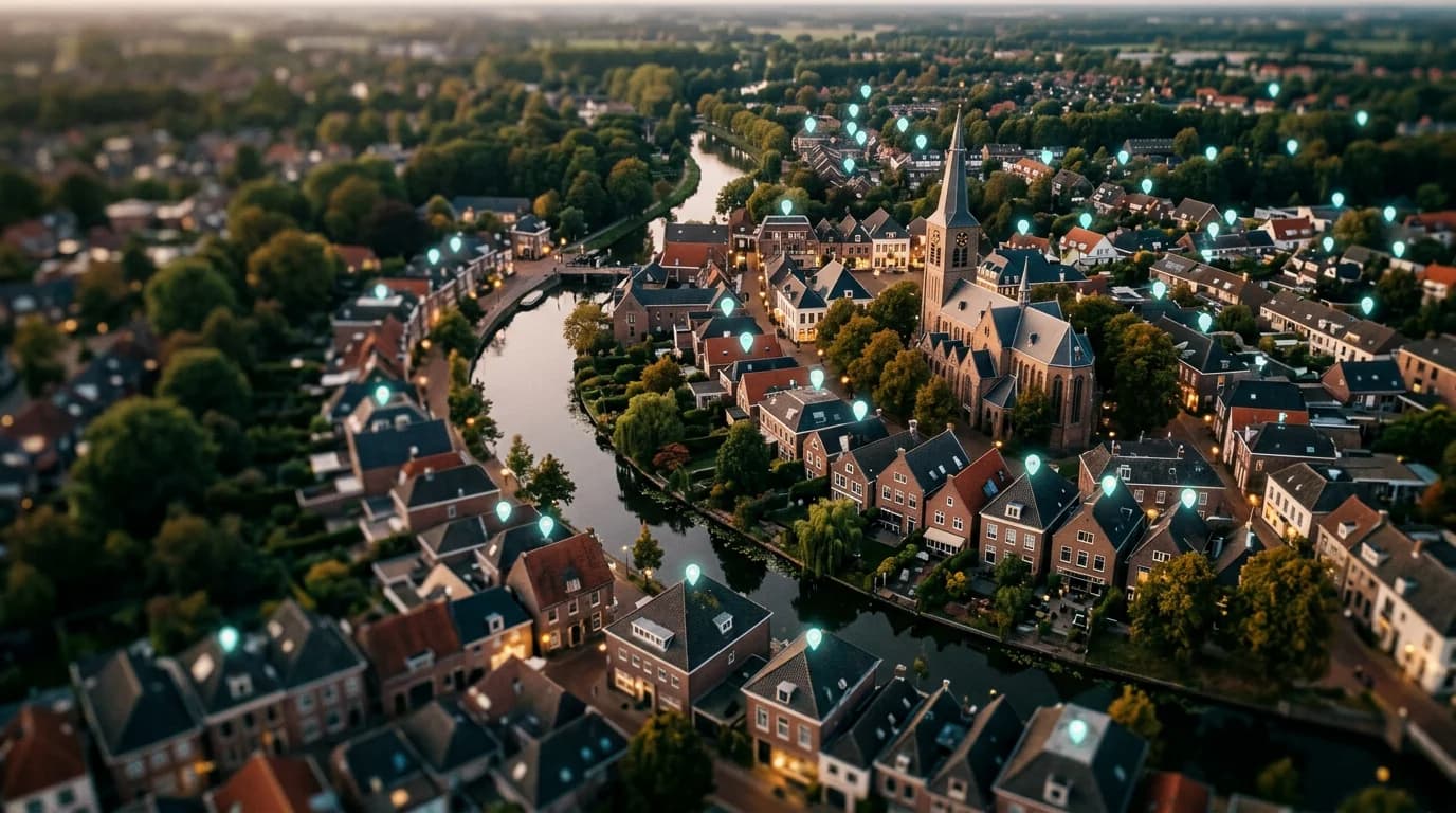 Luchtfoto van een stad met lichtgevende locatie-icoontjes op daken, focus op locale vindbaarheid met Google Business Profile.