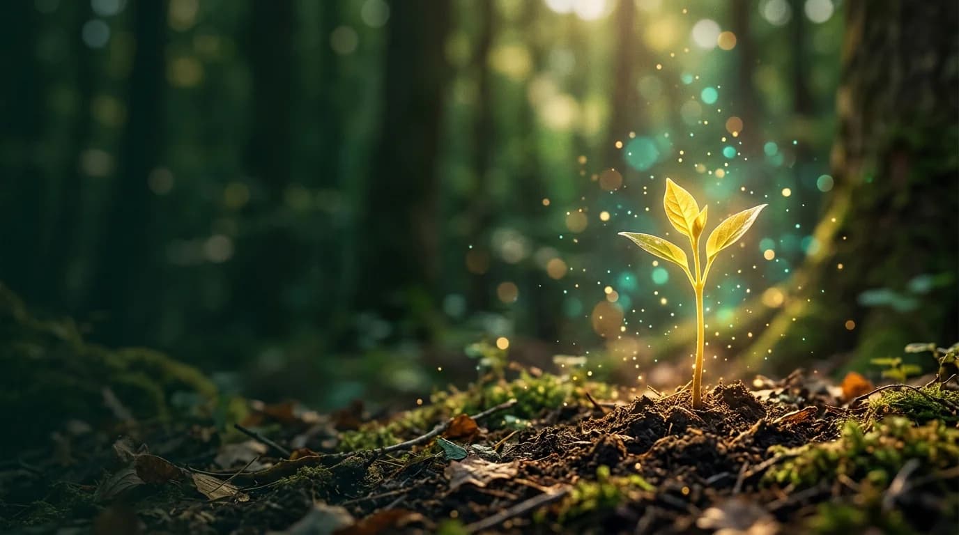 Groeiende jonge plant met licht en schittering in het bos, symboliseert zakelijke groei met Google Ads voor MKB.