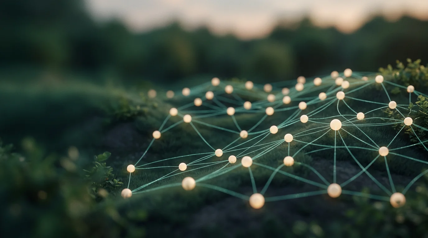 Lichtgevende netwerkverbindingen in natuurlijke, groene omgeving, symboliseert LinkedIn B2B automatisering in een groeiende markt.