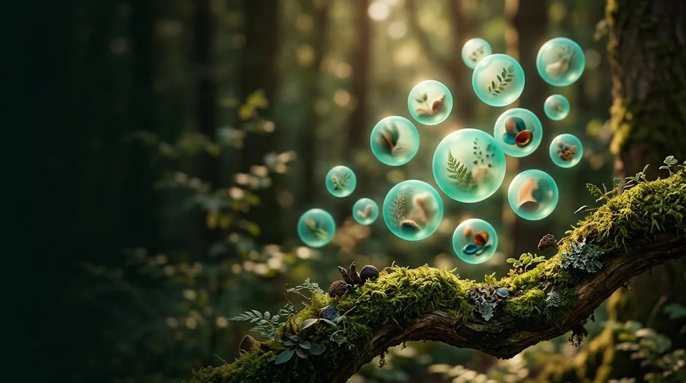 Drijvende bellen met planten in een bos, die shopartikelen vertegenwoordigen voor Pinterest Ads.