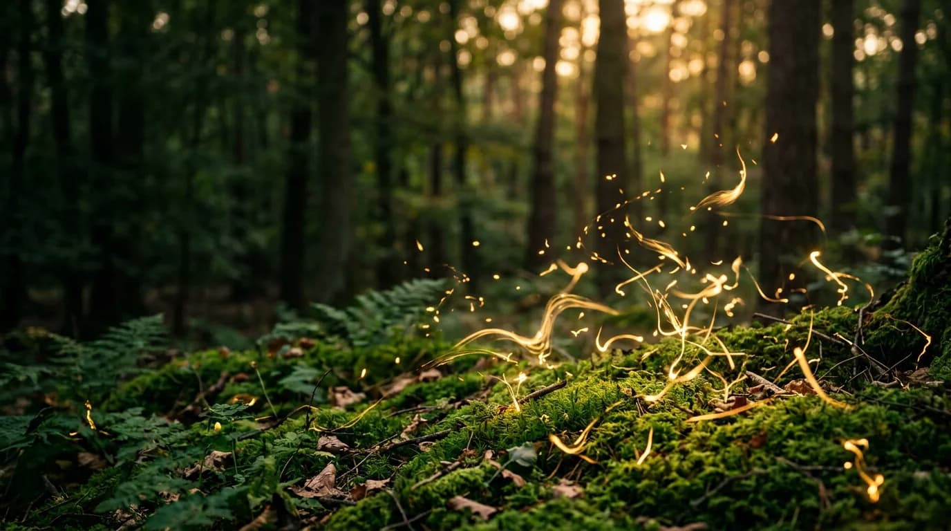 Lichtgevende deeltjes in een bos, die de impact van Snapchat Ads voor Gen-Z marketing verbeelden.