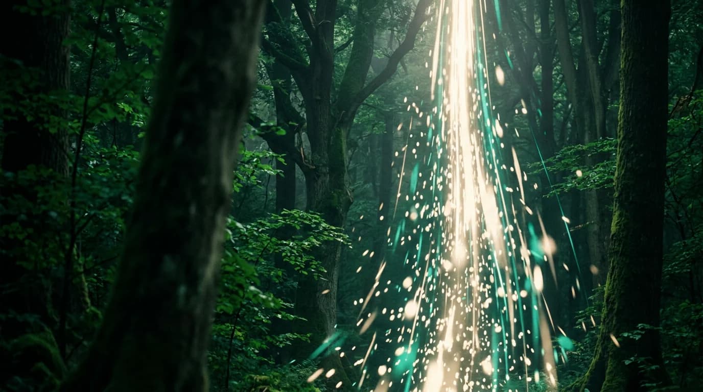 Helder, lichtgevend pad door een donker bos, symboliseert succesvolle TikTok native advertising diensten.
