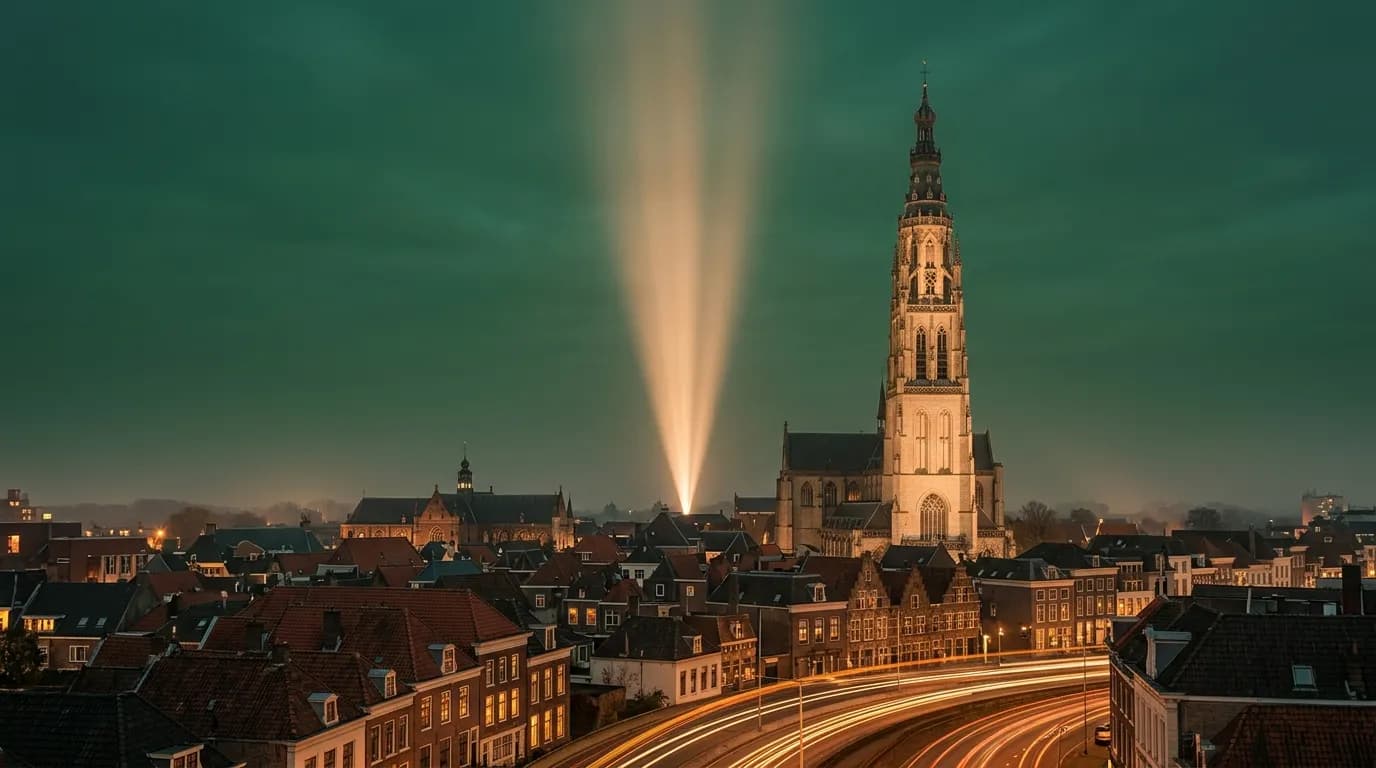 Convergerende lichtbundels boven de Grote Kerk van Breda bij schemering, met lichtsporen van verkeer. Symbool voor de gerichte aantrekkingskracht van Google Ads.