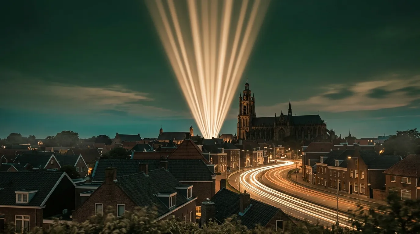 Convergerende lichtbundels boven de Sint-Janskathedraal in Den Bosch bij schemering, met lichtsporen van verkeer. Symbool voor de gerichte aantrekkingskracht van Google Ads.
