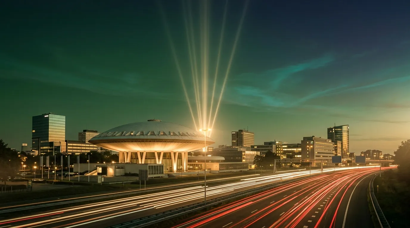 Convergerende lichtbundels boven het Evoluon in Eindhoven bij schemering, met lichtsporen van verkeer. Symbool voor de gerichte aantrekkingskracht van Google Ads.