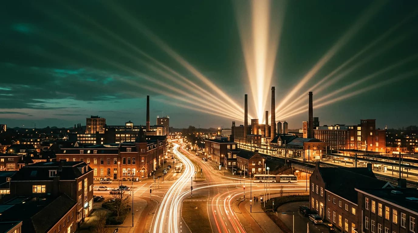 Convergerende lichtbundels boven de schoorstenen van de Tilburgse Spoorzone bij schemering, met lichtsporen van verkeer. Symbool voor de gerichte aantrekkingskracht van Google Ads.