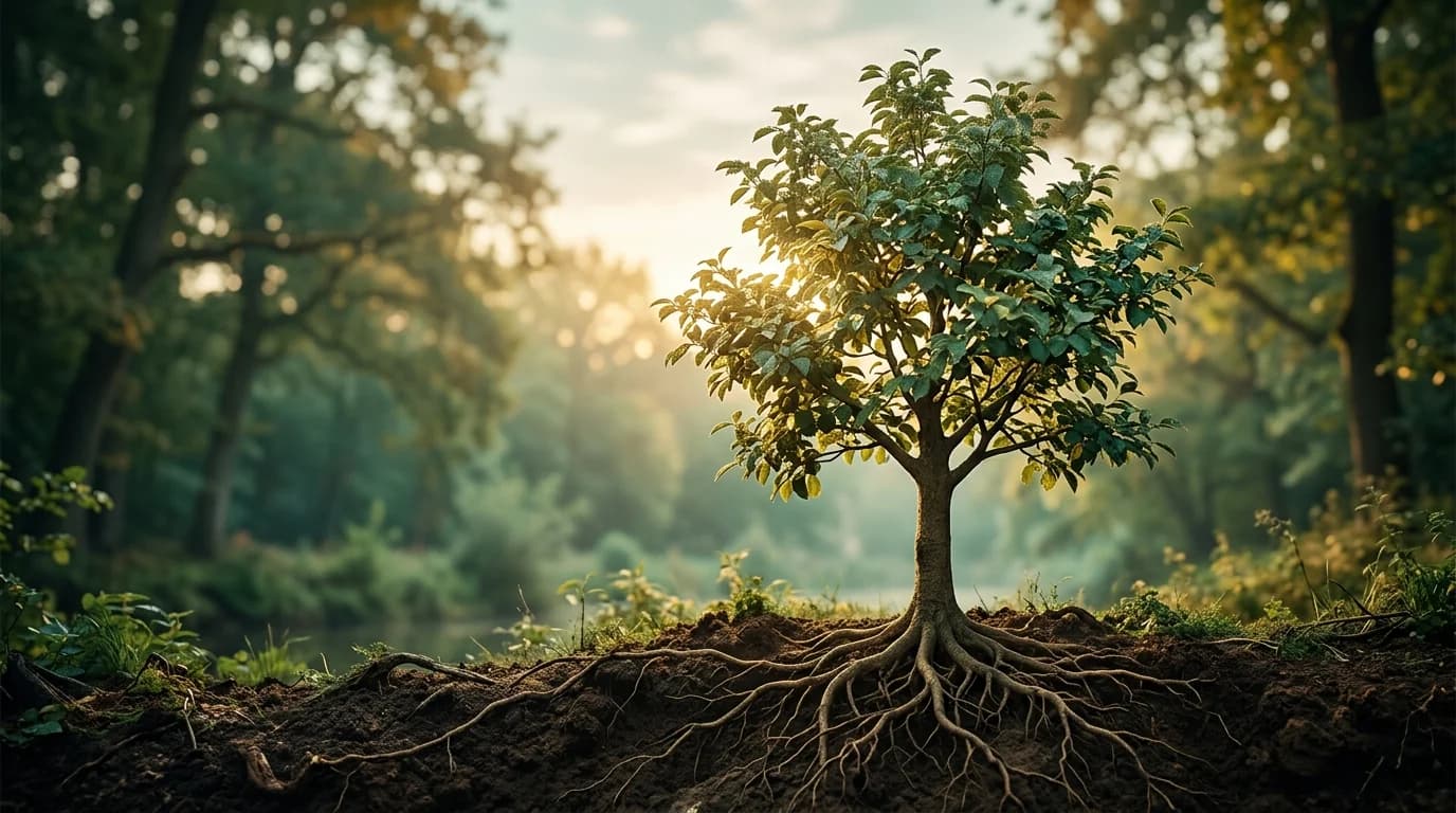 Jonge boom met zichtbare wortels in de bodem — groei begint bij de wortel, het fundament onder de diensten van Organiq Grow.