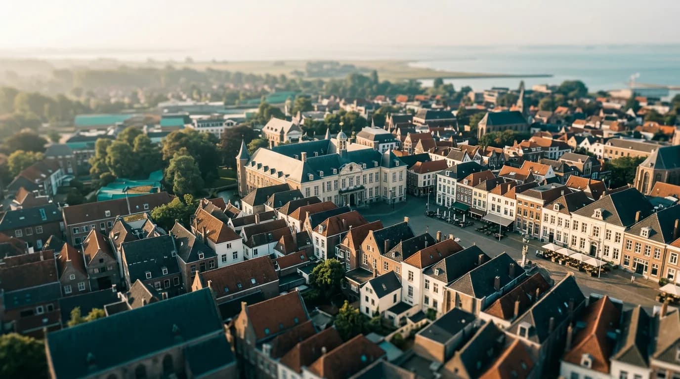 Luchtfoto Bergen op Zoom bij gouden uur. Organiq Grow marketingbureau voor MKB in Bergen op Zoom.