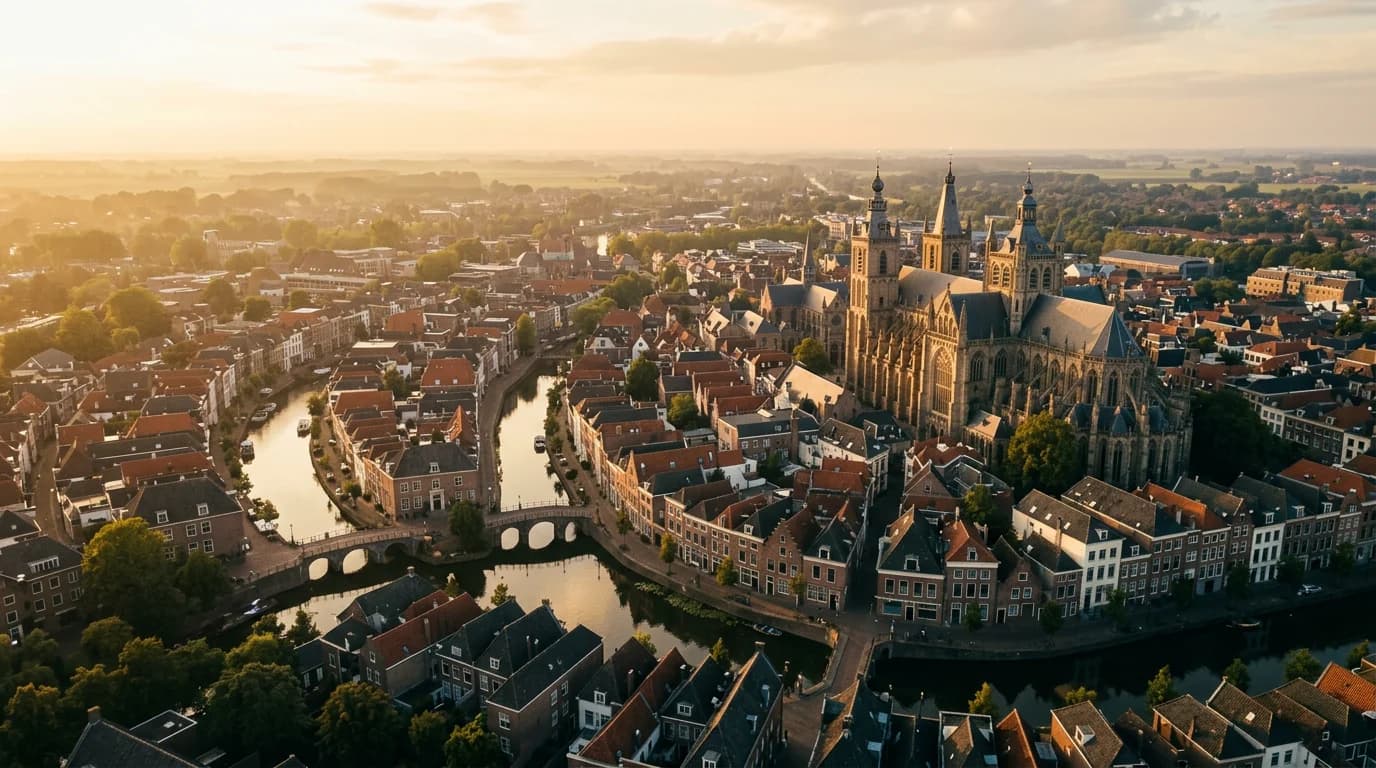 Luchtfoto zonsondergang Den Bosch, met Sint-Janskathedraal en grachten. Ons marketingbureau helpt uw bedrijf groeien in deze stad.