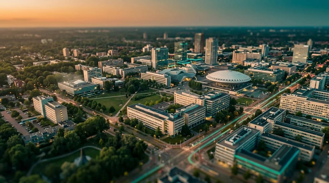 Luchtfoto van levendig Eindhoven bij zonsondergang, ideaal voor een marketingbureau dat de regio bedient.