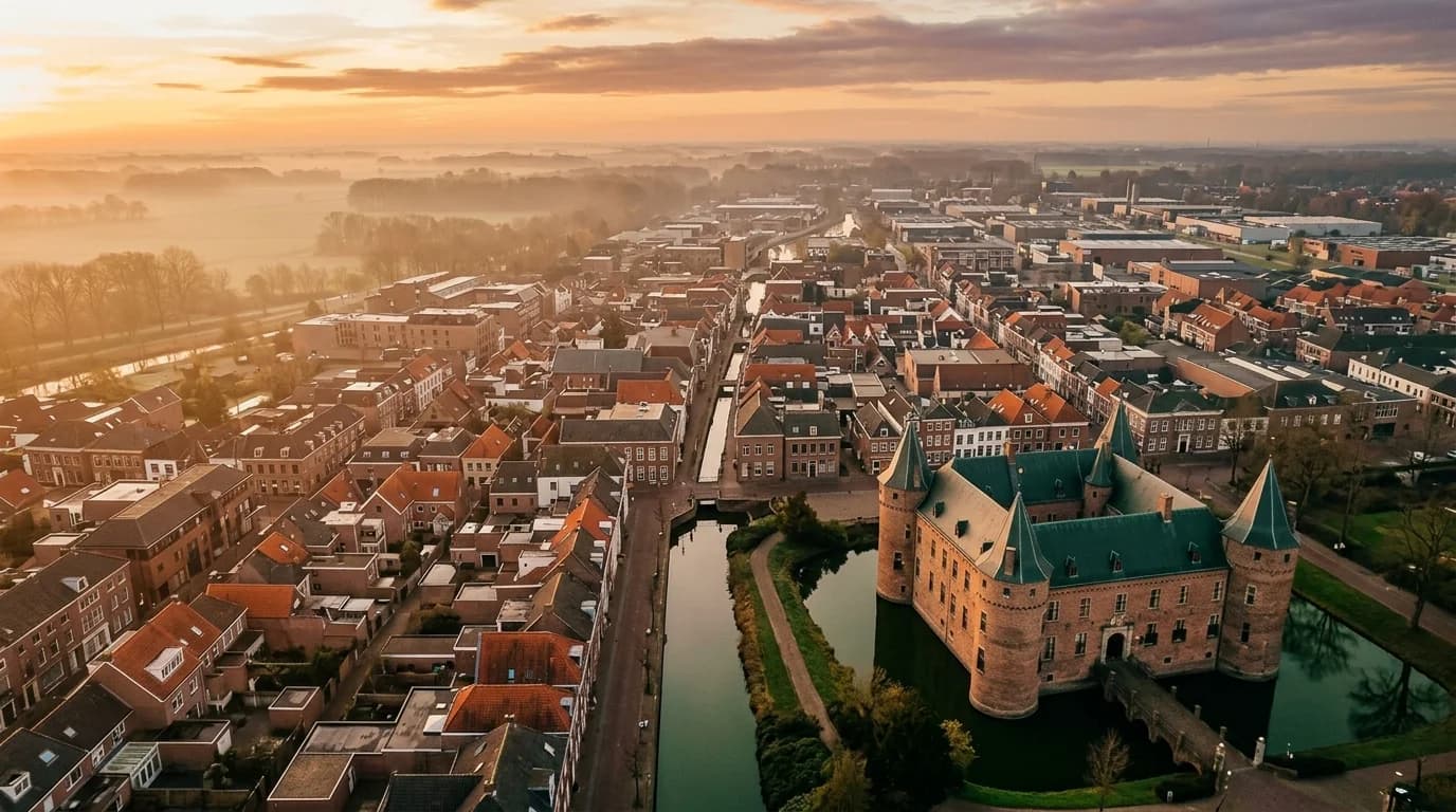 Luchtfoto Helmond bij gouden uur. Organiq Grow marketingbureau voor MKB in Helmond.
