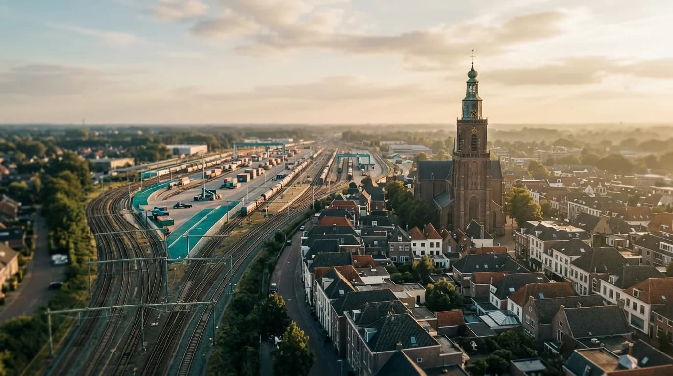 Luchtfoto Roosendaal bij gouden uur. Organiq Grow marketingbureau voor MKB in Roosendaal.