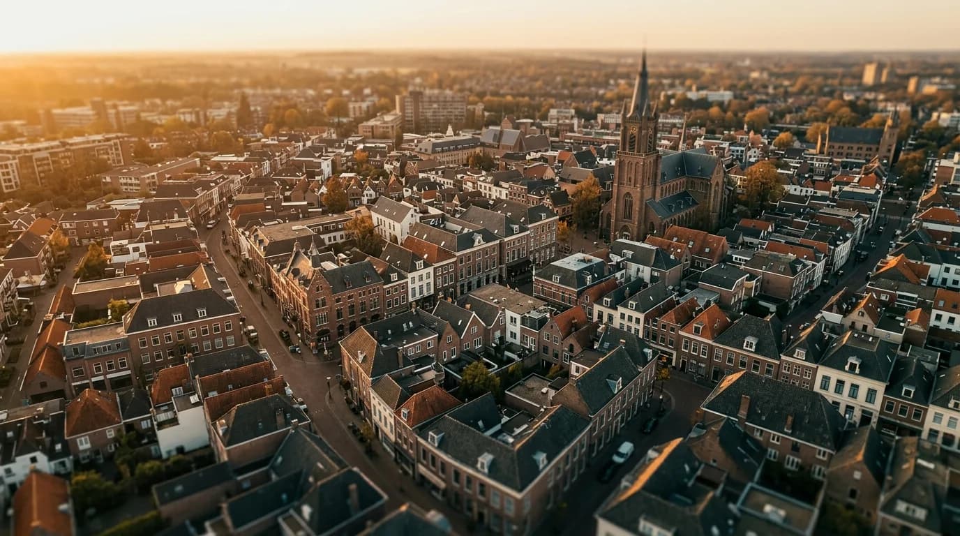 Luchtfoto van Tilburg bij zonsondergang, met de Heikese kerk. Uw marketingbureau in Tilburg.