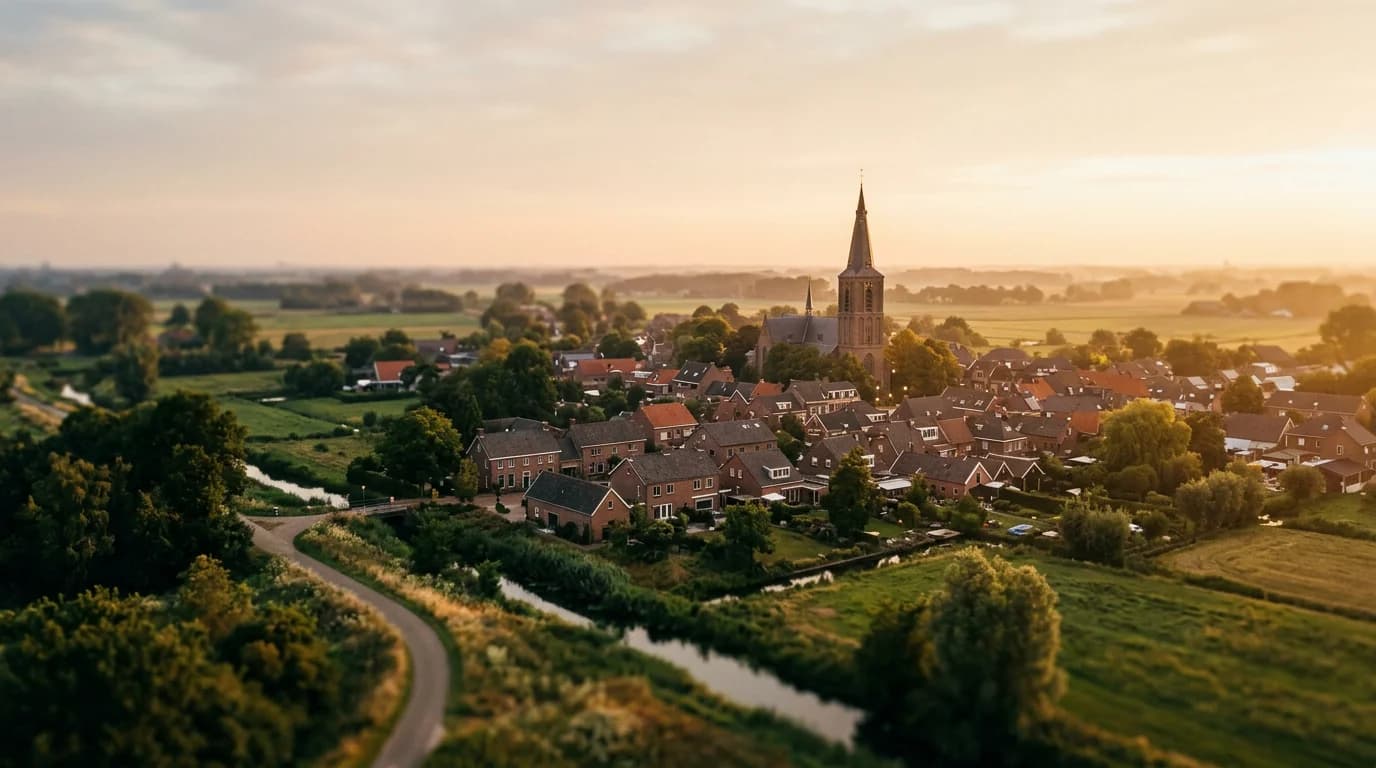 Historisch dorp met kerk en huizen in Waalwijk, omringd door groen. Marketing voor Waalwijk.