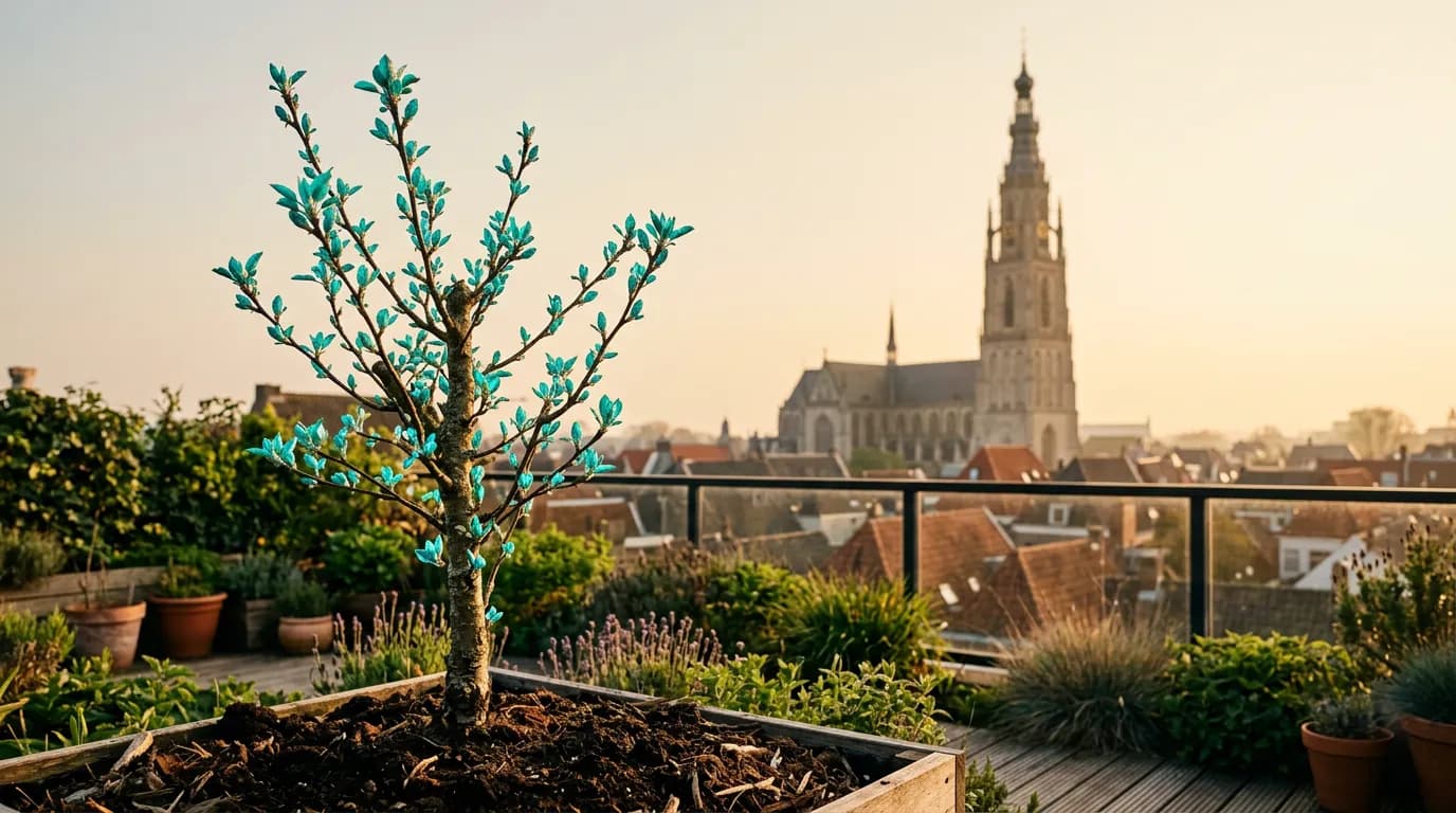 Jonge boom met oplichtende turquoise knoppen in een daktuin, met de Grote Kerk van Breda in de avondzon. Symbool voor organische groei door SEO.