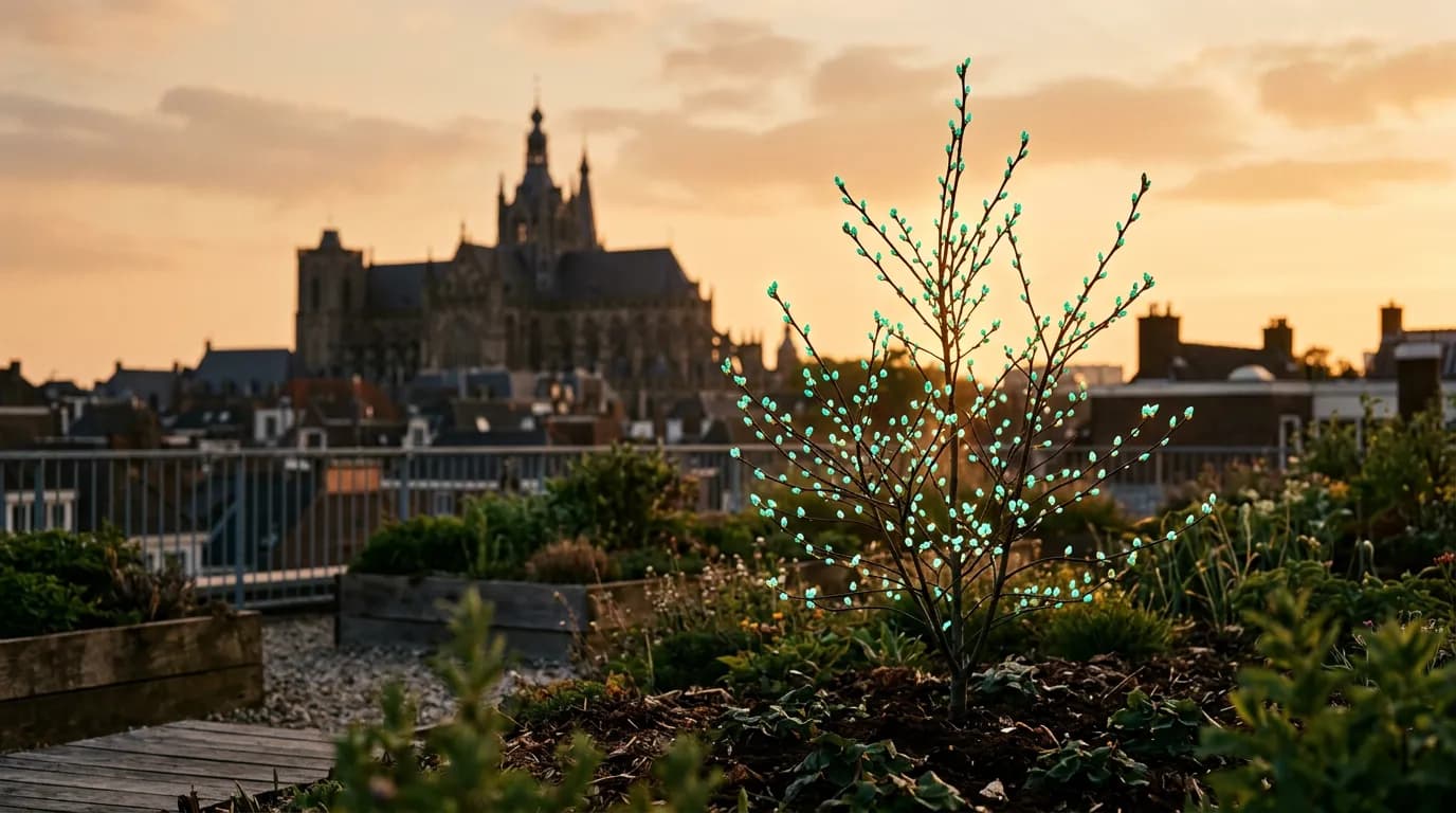 Jonge boom met oplichtende turquoise knoppen in een daktuin, met de Sint-Janskathedraal in Den Bosch in de avondzon. Symbool voor organische groei door SEO.