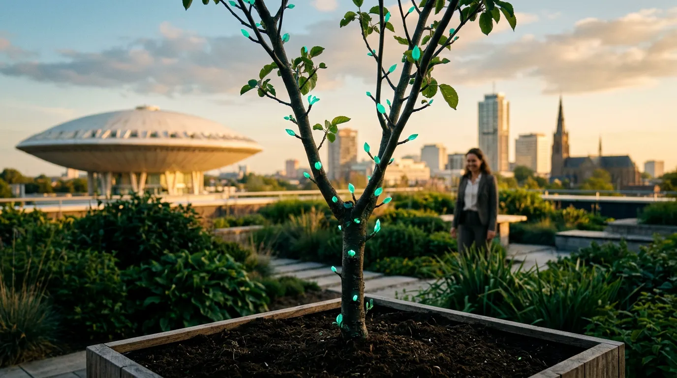 Jonge boom met oplichtende turquoise knoppen in een daktuin, met het Evoluon in Eindhoven in de avondzon. Symbool voor organische groei door SEO.