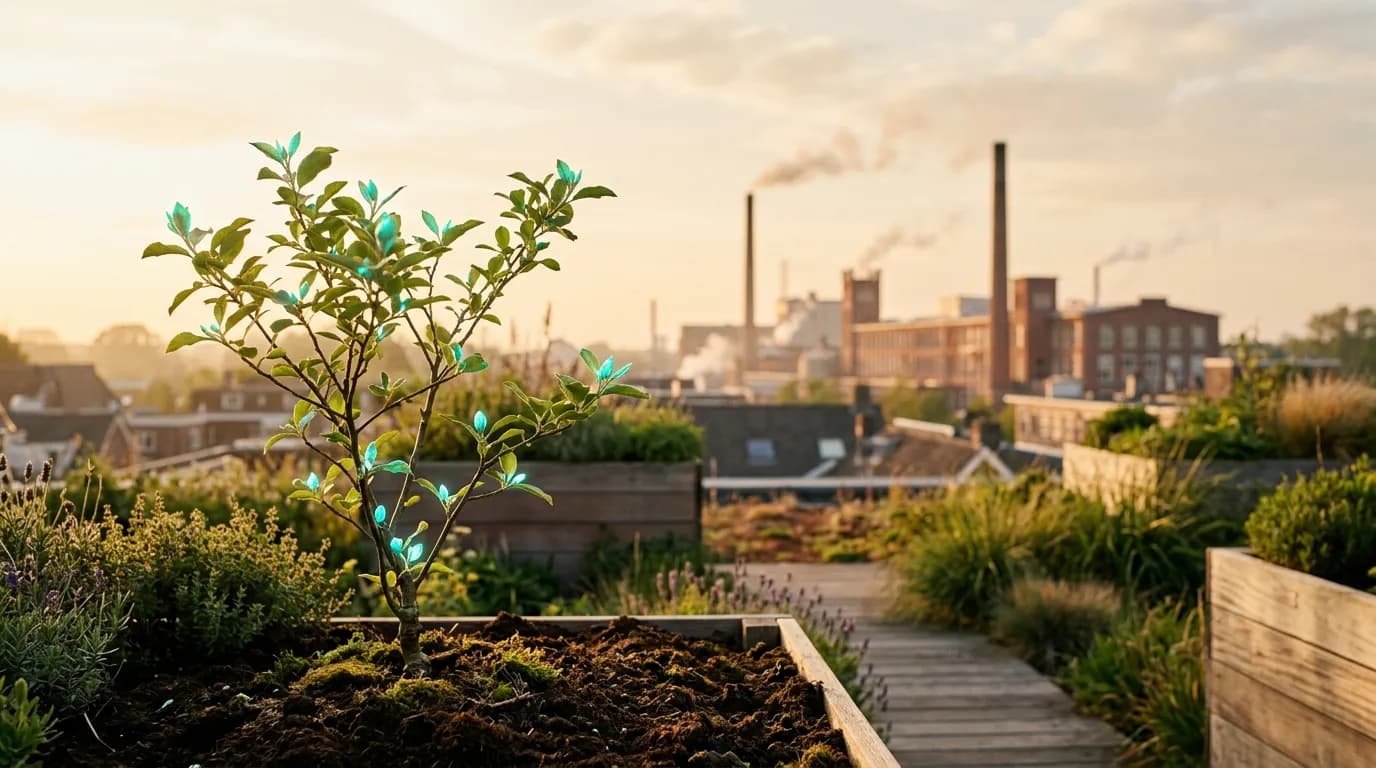 Jonge boom met oplichtende turquoise knoppen in een daktuin, met de schoorstenen van de Tilburgse Spoorzone in de avondzon. Symbool voor organische groei door SEO.