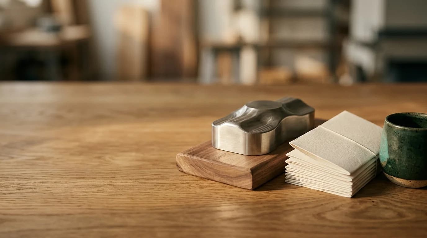 Brushed metaal, hout en papier op een warme oak-werktafel, branche-diversiteit van Organiq Grow.