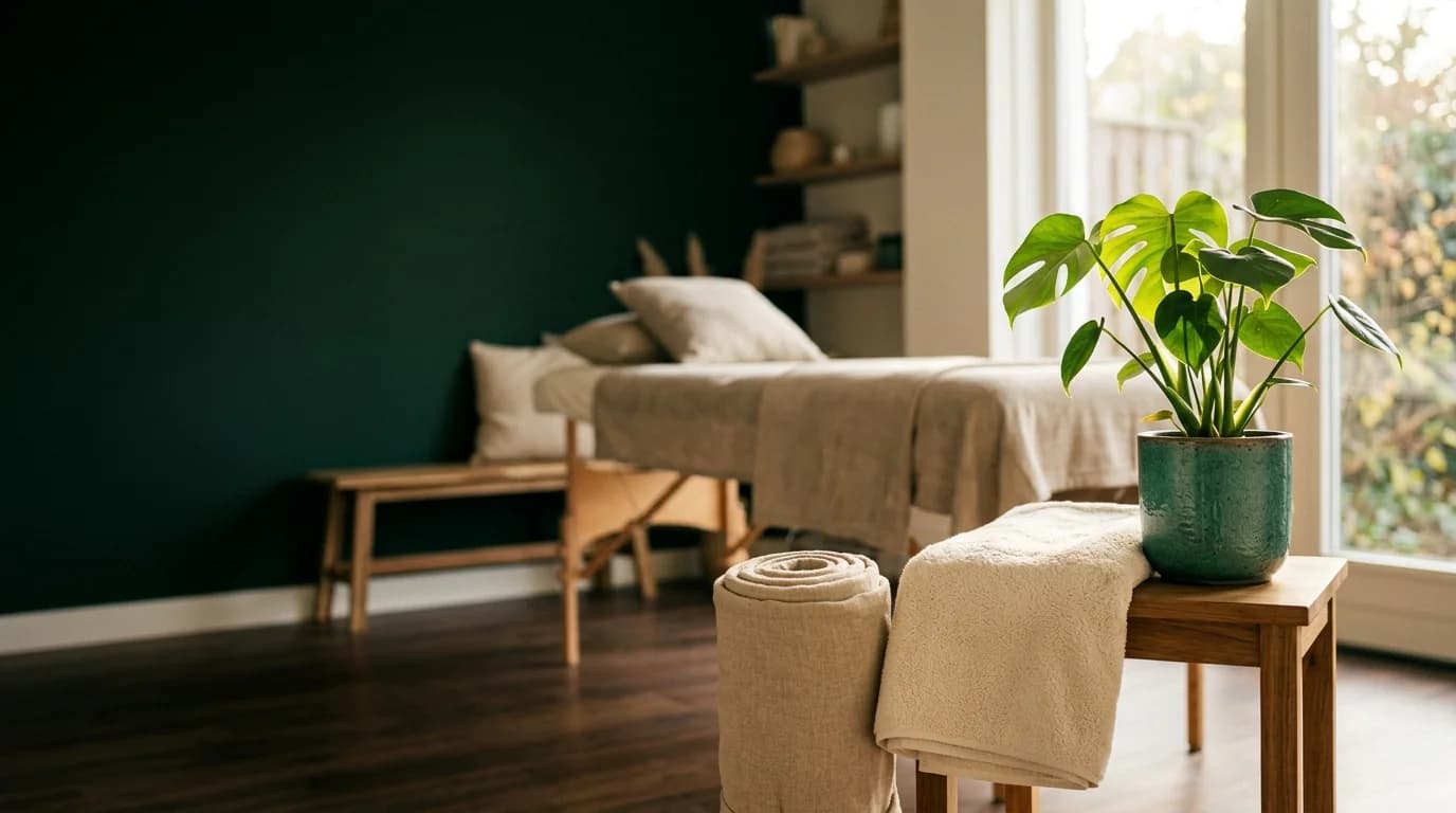 Rustgevende fysio behandelruimte. Organiq Grow marketing voor fysiotherapeuten.