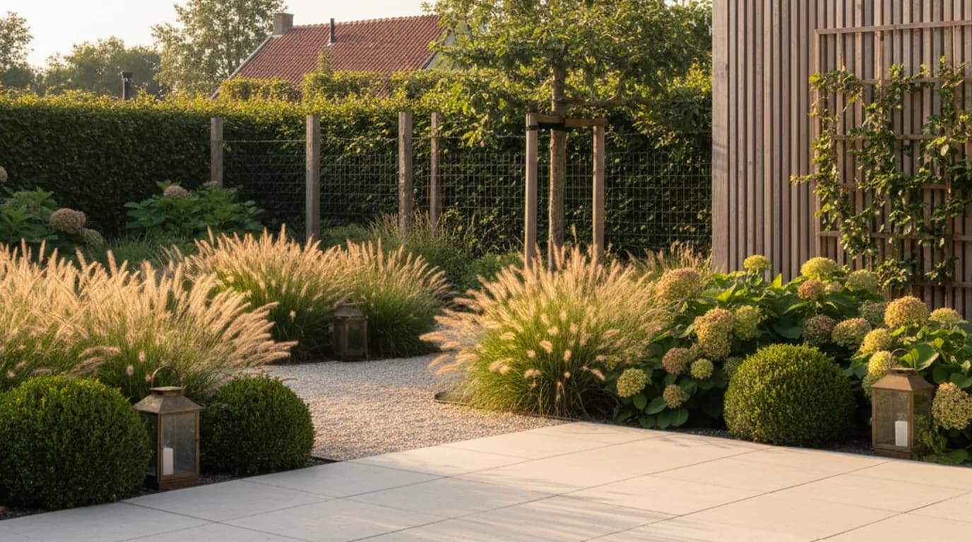 Rustige aangelegde Brabantse tuin bij gouden uur, met stenen terras, siergras en houten pergola. Organiq Grow marketing voor hoveniers.