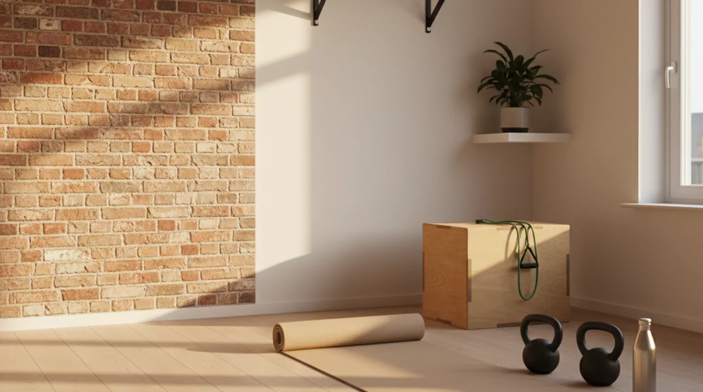 Rustige lichte personal-training-studio bij gouden uur met kettlebells, yogamat en houten vloer. Organiq Grow marketing voor personal trainers.