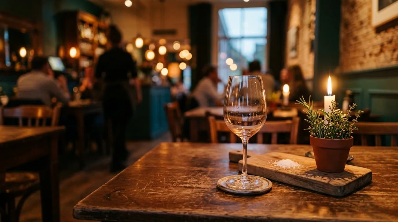Warme bistrotafel bij gouden uur. Organiq Grow marketing voor restaurants.