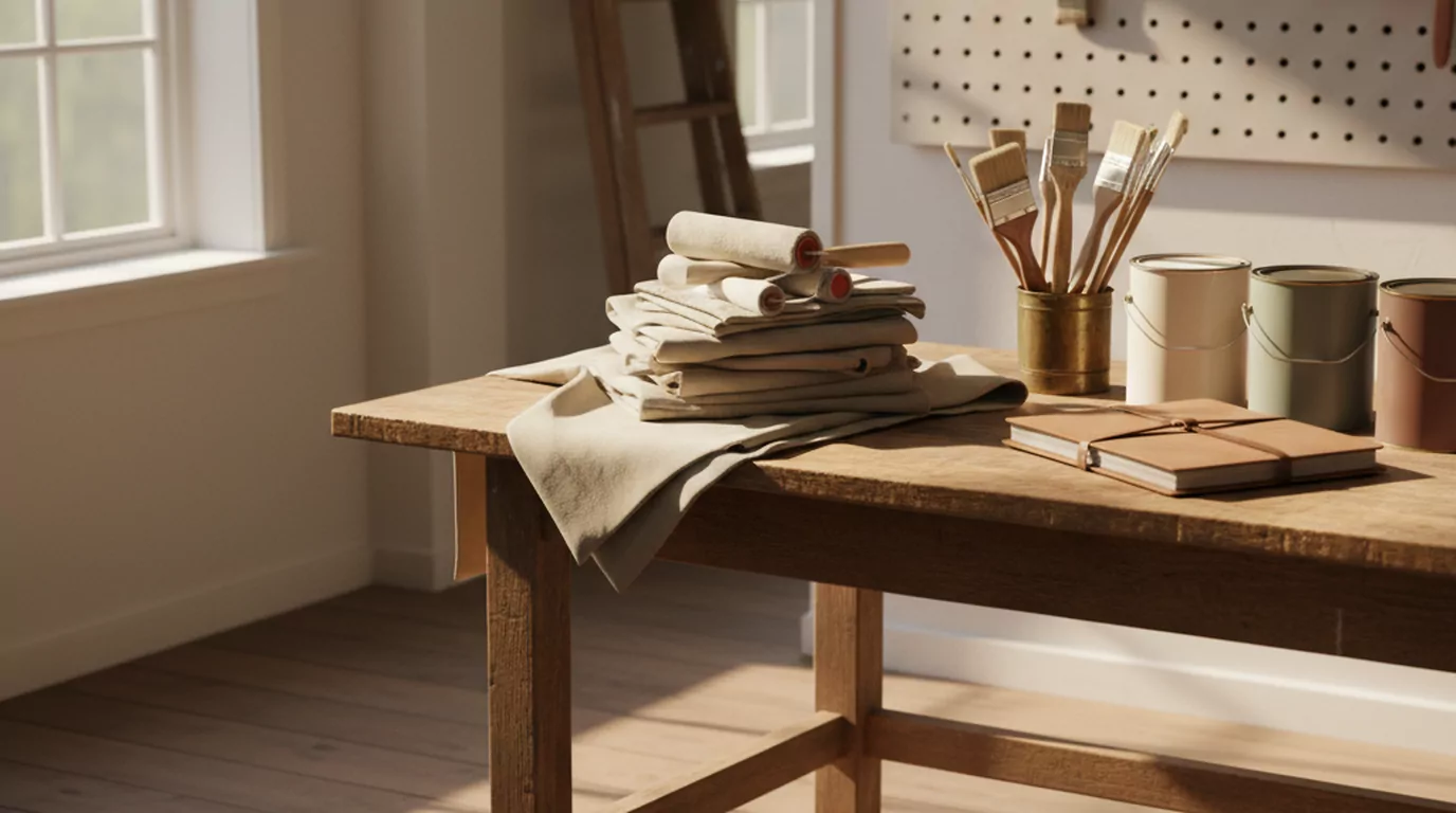 Rustige Brabantse schildersatelier bij gouden uur met verfrollers, kwasten en verfblikken op een houten werktafel. Organiq Grow marketing voor schilders.