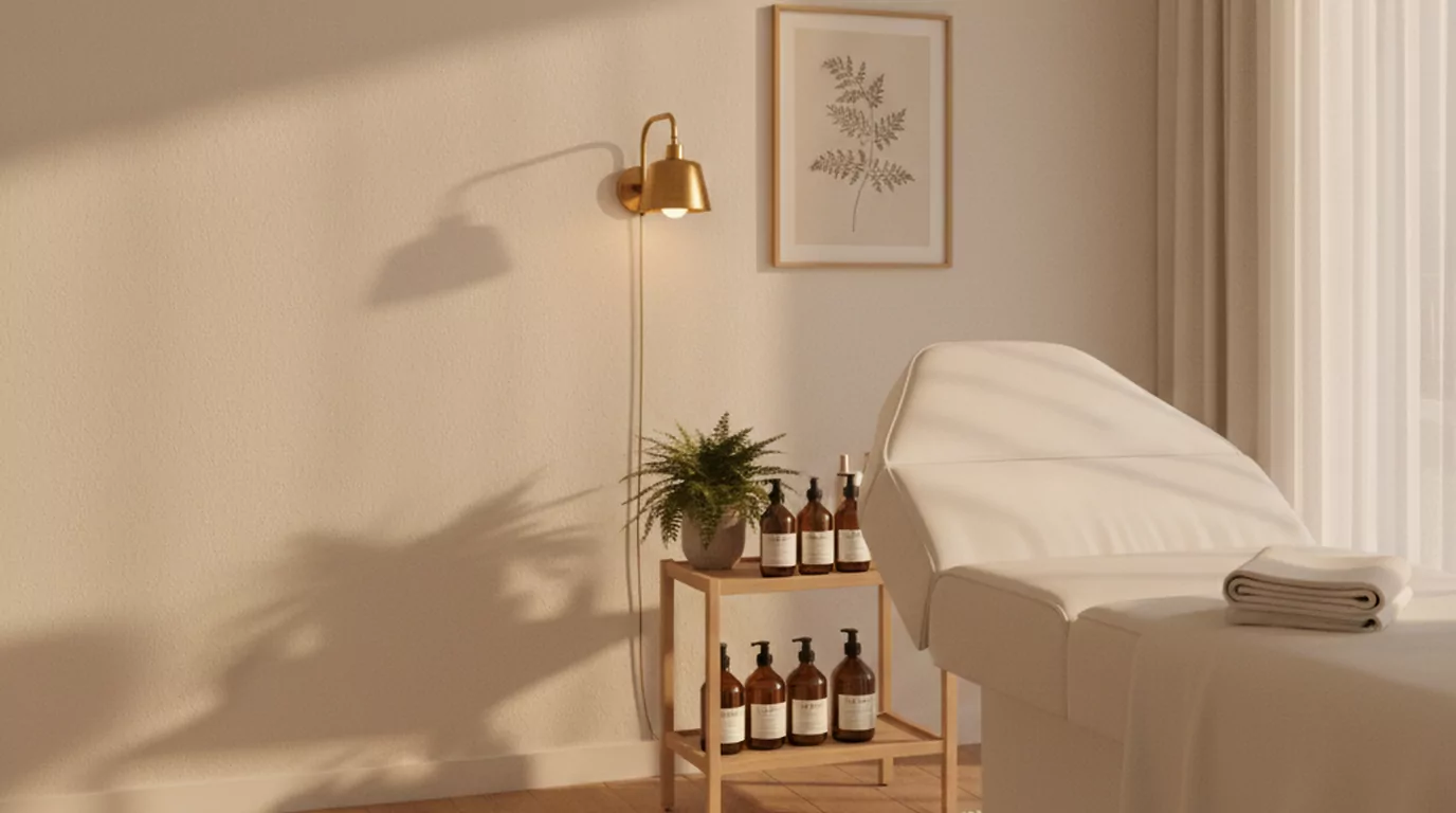 Rustige lichte behandelkamer van een schoonheidssalon bij gouden uur, met witte behandeltafel, planten en warme brass details. Organiq Grow marketing voor schoonheidssalons.