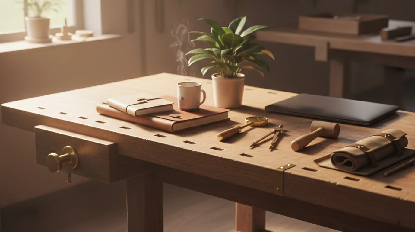Rustige Brabantse ZZP-werkbank bij gouden uur, met craftsman-gereedschap, leren notitieboek en dampende koffie. Organiq Grow marketing voor ZZP.