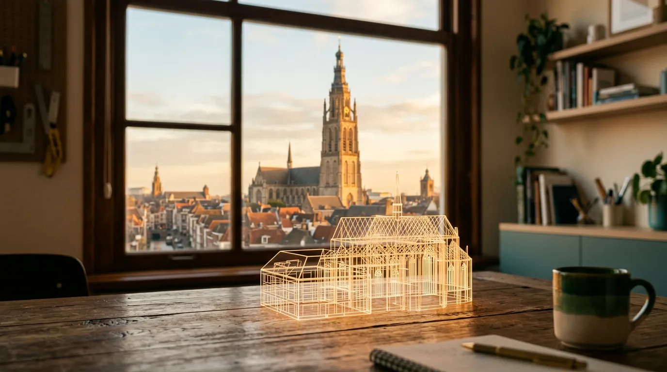 Lichtgevend wireframe-model op een houten tafel voor een raam met uitzicht op de Grote Kerk van Breda bij zonsondergang. Symbool voor digitaal vakwerk.