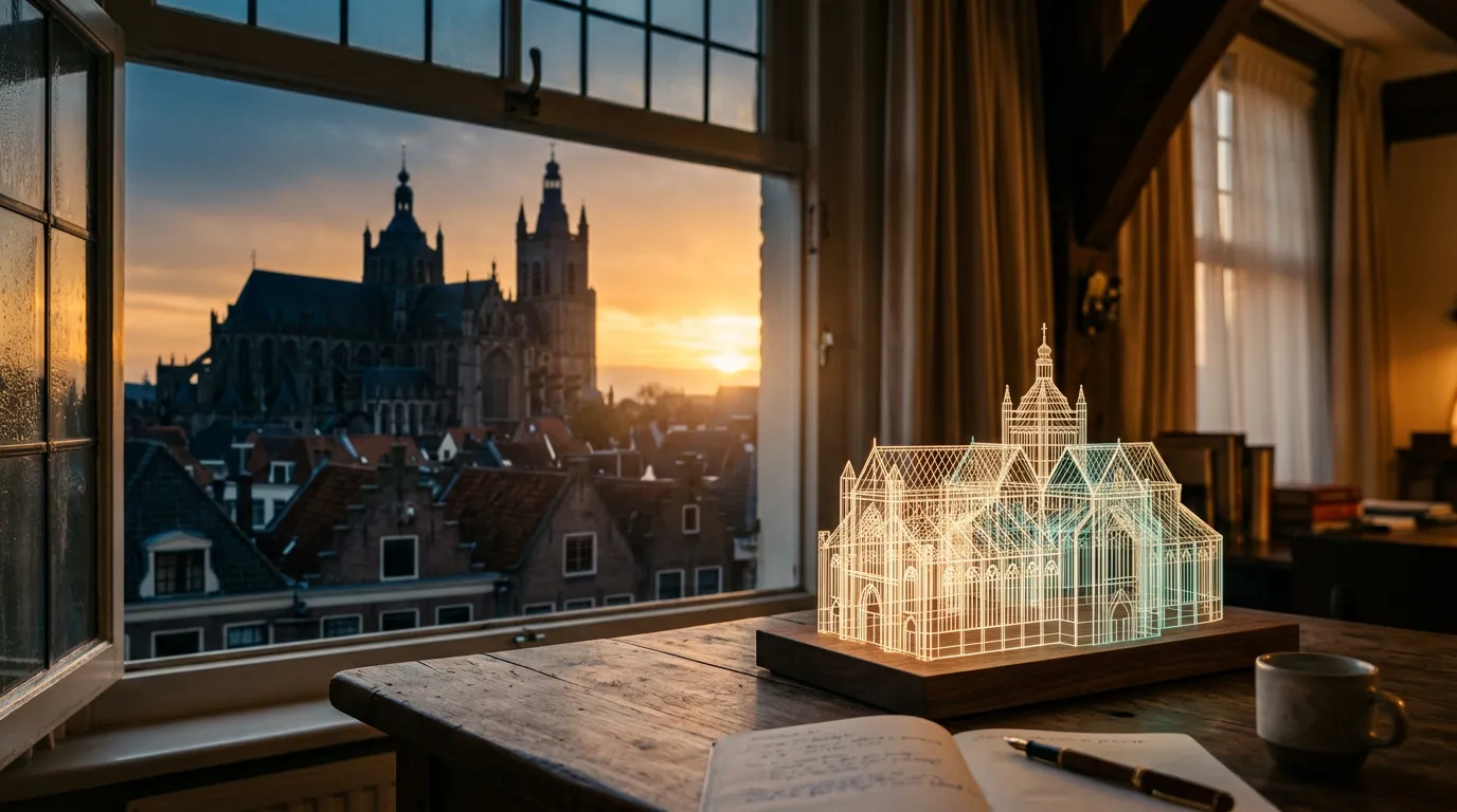 Lichtgevend wireframe-model op een houten tafel voor een raam met uitzicht op de Sint-Janskathedraal in Den Bosch bij zonsondergang. Symbool voor digitaal vakwerk.