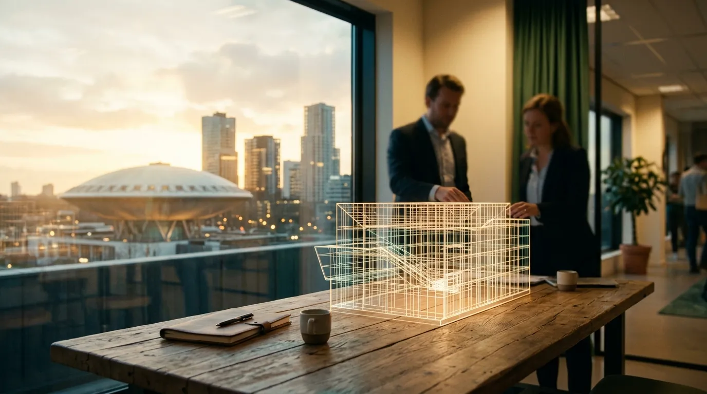 Lichtgevend wireframe-model op een houten tafel voor een raam met uitzicht op het Evoluon in Eindhoven bij zonsondergang. Symbool voor digitaal vakwerk.