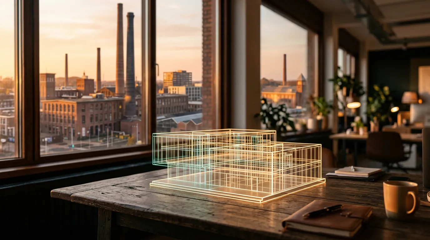 Lichtgevend wireframe-model op een houten tafel voor een raam met uitzicht op de schoorstenen van de Tilburgse Spoorzone bij zonsondergang. Symbool voor digitaal vakwerk.