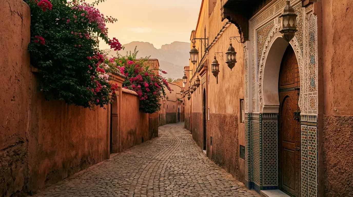 Lege medina-straat met zellige-versierde boog, lantaarns en bougainvillea bij zonsondergang, met het Atlasgebergte in de verte.