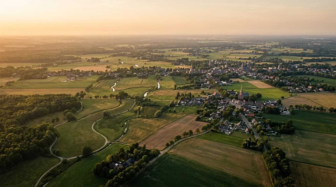 Luchtfoto Noord-Brabants landschap bij gouden uur, werkgebied Organiq Grow.