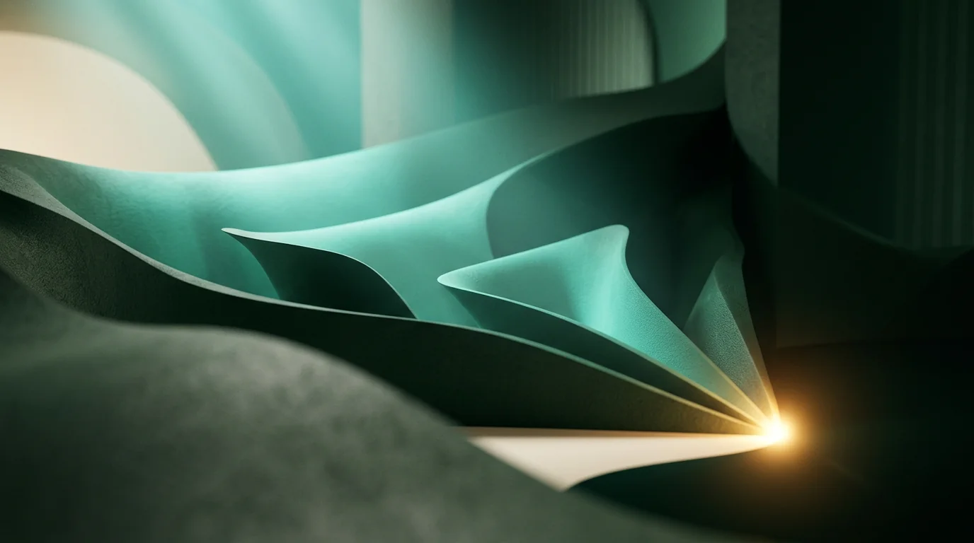 Cascading teal lichtbanen die convergeren in een gouden punt — conversie-gerichte ad-funnel.