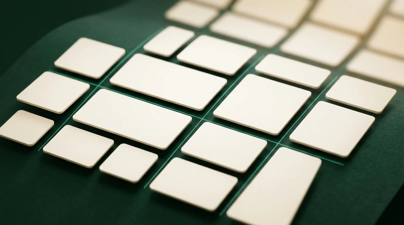 Modulair grid van cream-kaarten boven donkergroen oppervlak — responsive webdesign craftsmanship.