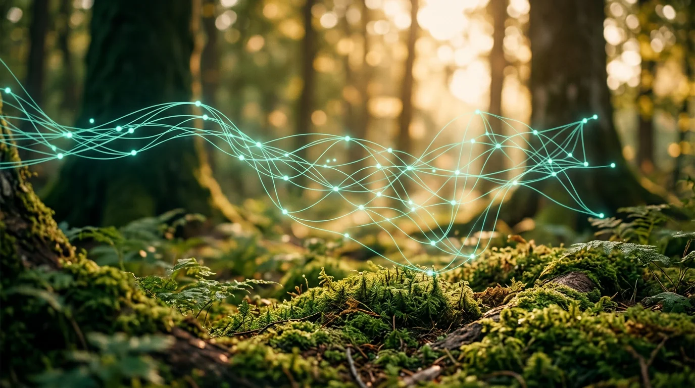 Luminous network of teal nodes above forest moss — AI engines reading content.