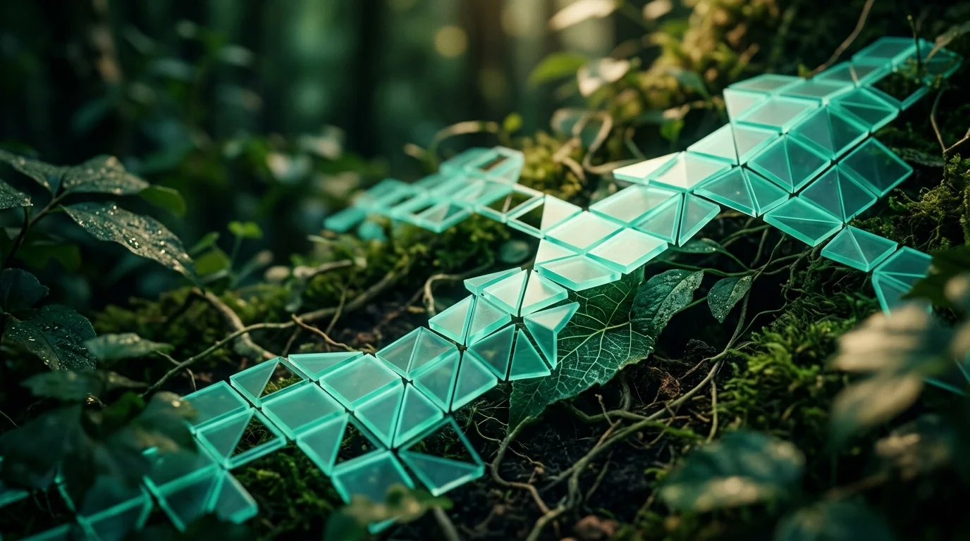 Crystalline panels glowing teal among organic growth — structured data illustration.