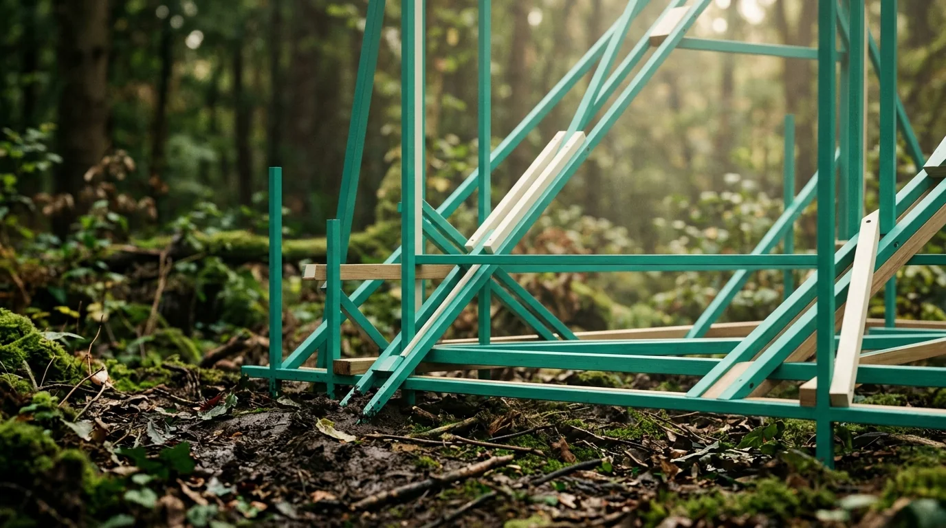 Clean architectural framework rising from forest soil — technical SEO foundation.