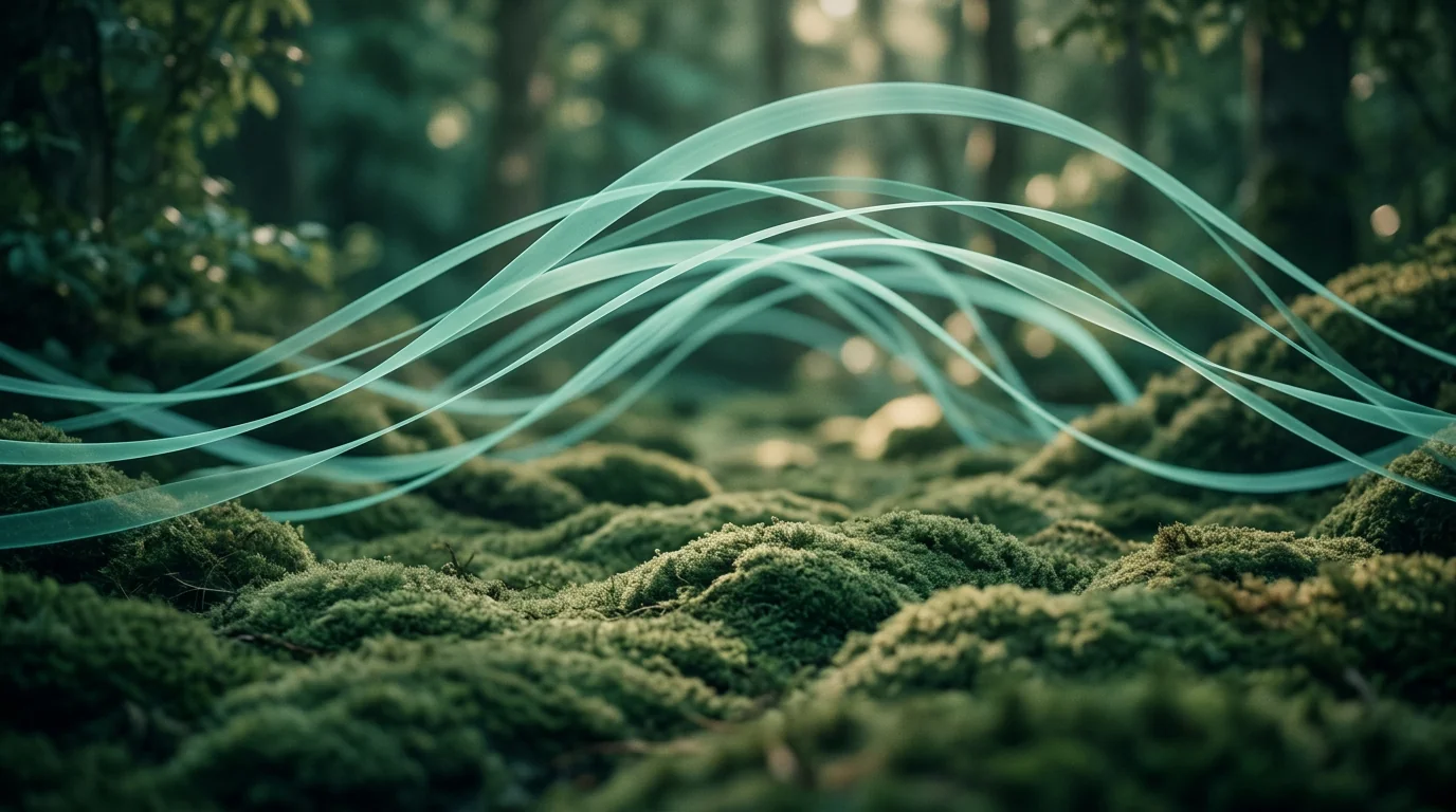 Flowing teal ribbons interconnecting above forest moss — social community engagement.